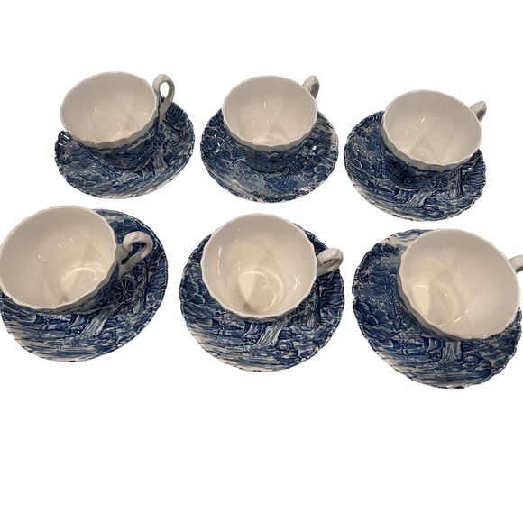 Vintage Alfred Meakin Staffordshire "The Mill" Blue White Cups Saucers Set of 6 - Picture 5 of 5